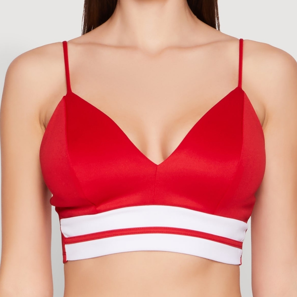 Red and White Women's Bralette V-Neck Crop Top with Varsity Stripe - Red